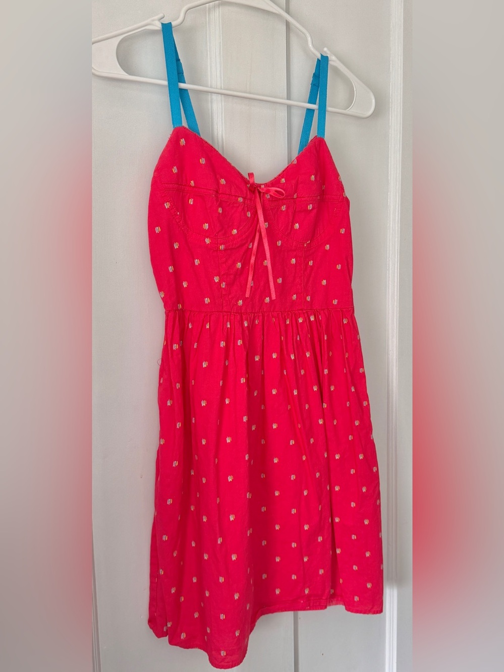 Mossimo Supply Co. Small Bright Hot Pink Sundress Blue Straps & Multicolor Dots